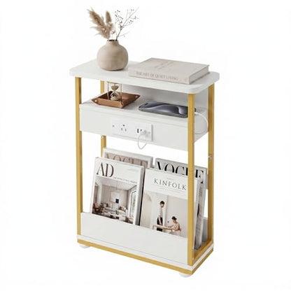 YEAKOO Narrow Side Table with Charging Station, 3-Tier End Table with 2 USB Ports & Power Outlets, Thin Sofa Side Table for Small Spaces, Bedside Table Nightstand for Living Room, White+Gold - color: White+gold