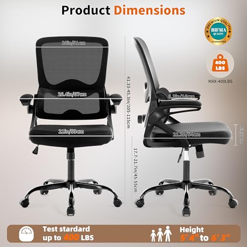 Ergonomic Office Chair,Mesh Office Chair with Lumbar Support,Mid Back Desk Chair with Flip-up Arms,400 lbs Comfy Computer Chair for Home Office - color: Black