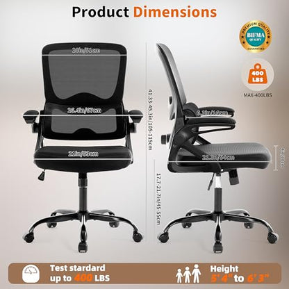 Ergonomic Office Chair,Mesh Office Chair with Lumbar Support,Mid Back Desk Chair with Flip-up Arms,400 lbs Comfy Computer Chair for Home Office - color: Black