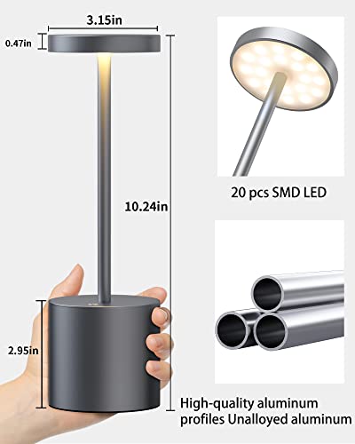 2Pack Cordless Table Lamp, Rechargeable LED Battery 5000mAh Metal USB Portable Powered Desk Lamp, 3 Levels Brightness Light for Restaurants Outdoor (2pack 10.25in Grey) | Battery 5000mAh Metal USB Portable Powered Desk Lamp, 3 Levels Brightness Light for
