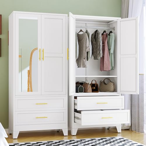 RIETERN Metal Armoire Wardrobe Closet, 71" Tall Bedroom Closet with Mirror | 2 Drawers, Adjustable Shelves, and Hanging Rod, Steel clothes closets and Storage, for Bedroom White - color: Mirror-white, size: 2 Drawers