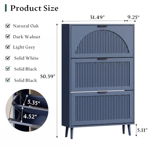 Xixini Shoe Storage Cabinet with 3 Flip Drawers, 50" Tall Narrow Wood Fluted Shoe Organizer for Entryway, Freestanding Wooden Hidden Slim Shoe Rack for Front Door Entrance, Hallway, Foyer, Navy Blue - color: Navy Blue, size: 3 Flip Drawers