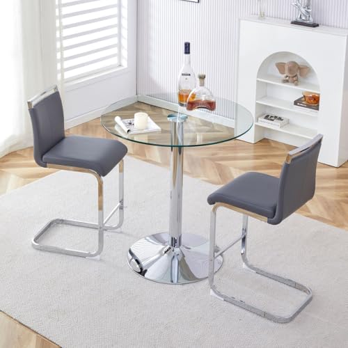 gopop 3 Piece Dining Table Set for 2, Modern Round Glass Counter Height Pub Table, Compact High Top with Bar Stools Pub Dining Set for Kitchen, Breakfast Room, Dining Room. (Grey, 3 Piece) - color: Grey