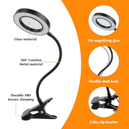 10X Magnifying Glass with Light, 2 in 1 Magnifying Desk Lamp Clip on Mganifier, 3 Color Modes & 10 Brightness Levels, USB Powered Magnifier Light for Bed Crafts DIY Repair(Size:95mm) - size: 95mm