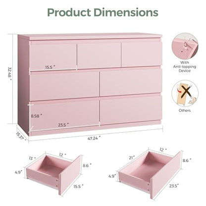 Jocoevol Modern Pink 7 Drawer Dresser for Bedroom, Simply Chest of Drawers, Wood Storage Dresser with Deep Drawers for Living Room Hallway Entryway, Pink - color: Pink