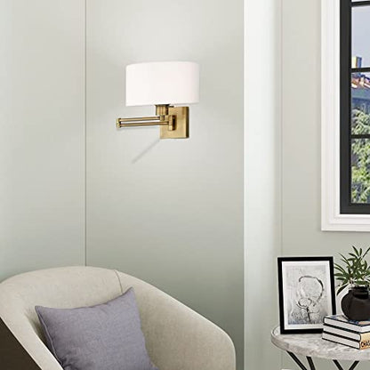 Livex Lighting 40036-01 1-Light Swing Arm Wall Light, Antique Brass | Off-White Fabric Shade - color: Antique Brass