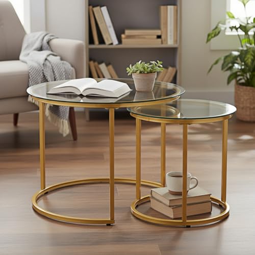 Round Nesting Coffee Table Set of 2, Glass Stacking Minimalist End Table | Modern Marble Pattern Wooden Nesting Tables for Living Room Bedroom Small Space, Clear Tempered Glass and Gold Leg - color: Glass & Gold