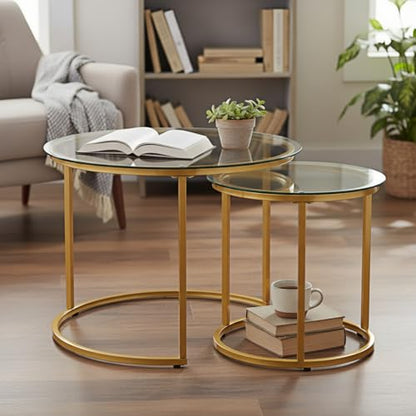 Round Nesting Coffee Table Set of 2, Glass Stacking Minimalist End Table | Modern Marble Pattern Wooden Nesting Tables for Living Room Bedroom Small Space, Clear Tempered Glass and Gold Leg - color: Glass & Gold