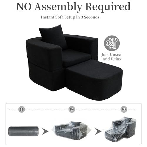 40" Pull Out Couch,2 in 1 Sleeper Sofa Bed,Convertible Sleeper Chair with Pillow Foldable Mattress with Back Support,Teddy Fleece,Black - color: Black