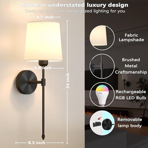 Battery Operated Wall Sconces Set of 2, Wireless Rechargeable Dimmable Wall Light with 5600mAh RGB Bulb and Remote for Bedroom, Living Room, Hallway, Black, 24in - color: Black, size: 24 Inch Set of 2