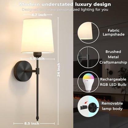 Battery Operated Wall Sconces Set of 2, Wireless Rechargeable Dimmable Wall Light with 5600mAh RGB Bulb and Remote for Bedroom, Living Room, Hallway, Black, 24in - color: Black, size: 24 Inch Set of 2