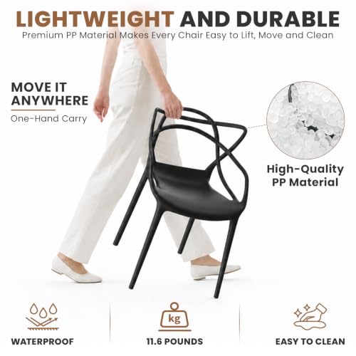 Mid Century Modern Dining Chairs Set of 4, Stackable Kitchen Chairs | Plastic Dining Room Chairs with Contoured Backrest & Wide Seat & Non-Slip Feet for Dining/Kitchen/Living Room, Black - color: Black