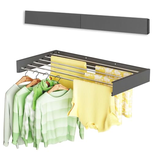 Vikaqi Wall Mounted Clothes Drying Rack 40", Foldable Wall Mount Laundry Rack Folding Indoor, Drying Rack Clothing Collapsible, Hidden Space Saver with Wall Template, 6 Rods, Black - color: Black, size: 40" Wide
