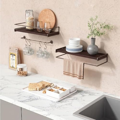 Forbena Dark Brown Kitchen Shelves Wall Mounted Set of 2, Walnut Brown Floating Kitchen Wall Shelves with Rail, Hanging Shelves for Kitchen Wall Coffee Bar (Wooden Pine Wood) - color: 8. Dark Brown