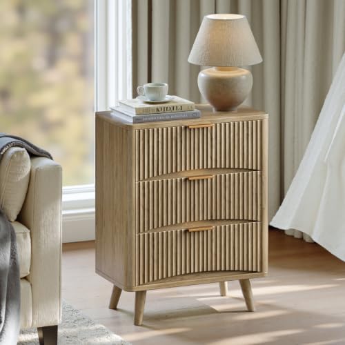 Evermagin 29" Tall Fluted Nightstand Set of 2 with 3 Drawers | Oak Night Stand,Wooden Bedside Table, Mid Century Modern Side Table for Bedroom, livingroom - color: Oak, size: 13.78"D x 23.62"W x 29.35"H (3 Drawers)