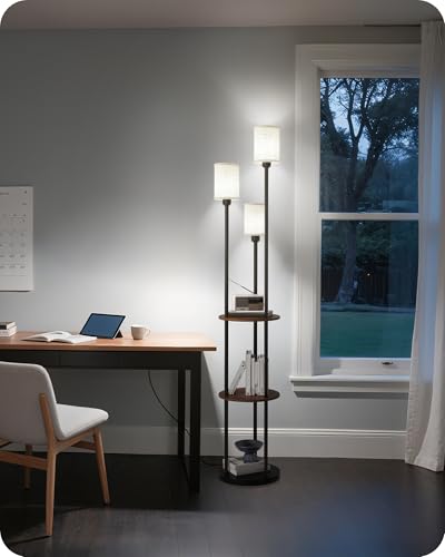 70.9" Floor Lamp with Shelves, Modern Floor Lamp with 3 Linen Shades and Foot Switch, 3-Light Standing Lamp, for Living Room, Bedroom, Study, Office, Rustic Brown and Beige EF53LD05 - color: Rustic Brown + Beige