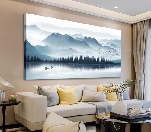 arteWOODS Indigo Canvas Wall Art Misty Mountain Wall Pictures Foggy Lake Boat Painting Prints Forest Birds Artwork Wall Decor for Living Room Wall Decorations Framed Ready to Hang 24" x 48" - color: Indigo Mountain Lake, size: 48"L x 24"W