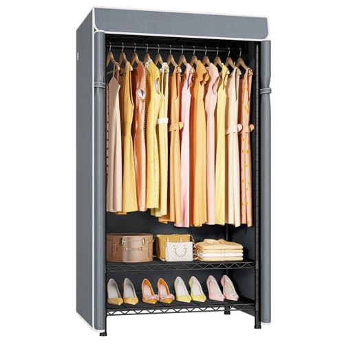H5C Clothes Rack with Cover, Covered Clothing Rack Heavy Duty | Garment Rack with Shelves, 3-Tier Portable Closets for Hanging Clothes, Max Load 360LBS, Black Closet Racks with Gray Cover - color: Black Rack with Gray Cover, size: H5C