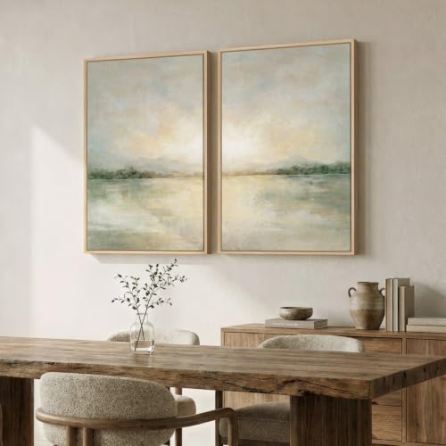 Framed Sage Green Abstract Landscape Wall Art for Living Room, Set of 2 | Neutral, Canvas prints, Large, Modern, Minimalist, Nature, Lake, Scenic, 20x30 Inch, Ready to hang, Wall decor for bedroom - color: Green Neutral, size: 20" W x 30" H x 2Pcs