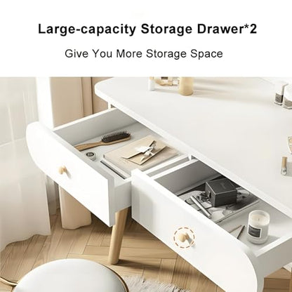 Makeup Vanity Table Set with Mirror, 2 Drawers, 2 Shelves, White | Medium Density Fiberboard, Modern Design, 31.5"L x 15.7"W x 47.2"H, No Stool Included - color: White
