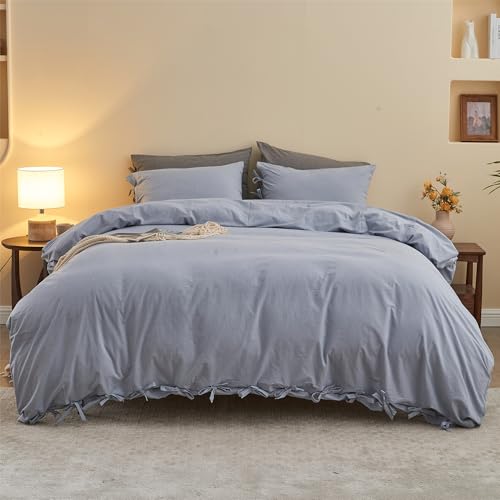 BISELINA 100% Washed Cotton Duvet Cover Set 3pcs with Bowknot Ties Strap Solid Color Linen Like Textured Durable Breathable Soft Comfy Chic Bedding (Twin, Cornflower Blue) - color: Cornflower Blue, size: Twin