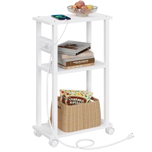 TUTOTAK Small Narrow Side Table with Charging Station, Skinny End Table | for Small Spaces, Slim Nightstand with USB Ports and Outlet, Sofa Beside Table with Wheels, White TB01BW046 - color: White, size: 1 PC, style: With Plug