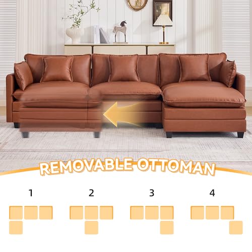 111'' Sectional Cloud Deep Seat Couch, Modern Comfy Leather L Shaped Sectional Sofa for Living Room Set, Upholstered Modular 4-Seats Sofa Couch with 1 Movable Ottoman, Leather Brown - color: Pu-dark Brown, size: 111'' L Shape