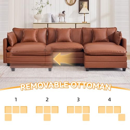 111'' Sectional Cloud Deep Seat Couch, Modern Comfy Leather L Shaped Sectional Sofa for Living Room Set, Upholstered Modular 4-Seats Sofa Couch with 1 Movable Ottoman, Leather Brown - color: Pu-dark Brown, size: 111'' L Shape