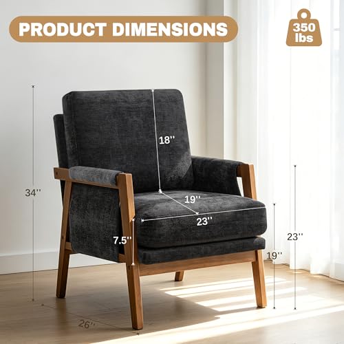 RNKSFX Black Accent Chair for Bedroom & Living Room, Mid Century Modern Accent Arm Chair, Upholstered Anthropologie Accent Chair with Solid Wood Frame, Fabric - color: Black