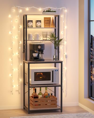 VASAGLE Coffee Bar, 23.6 Inches 6-Tier Baker's Rack with 6 Hooks | Modern Basic Microwave Stand, 23.6 x 15.8 x 65.8 Inches, Heather Greige and Ink Black, BARNET Collection UKKS024B02 - color: Heather Greige + Ink Black, size: 23.6"W, style: No Power Outle