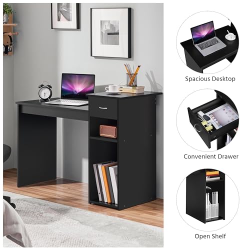 Yaheetech Black Computer Desk and Chair Set with Drawer, Shelves, Mesh Seat | Particle Board and MDF Build a Sturdy Desk with a Drawer and Elevated Platform, Paired with a Mesh Chair for Adults. - color: Black