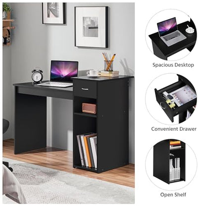 Yaheetech Black Computer Desk and Chair Set with Drawer, Shelves, Mesh Seat | Particle Board and MDF Build a Sturdy Desk with a Drawer and Elevated Platform, Paired with a Mesh Chair for Adults. - color: Black