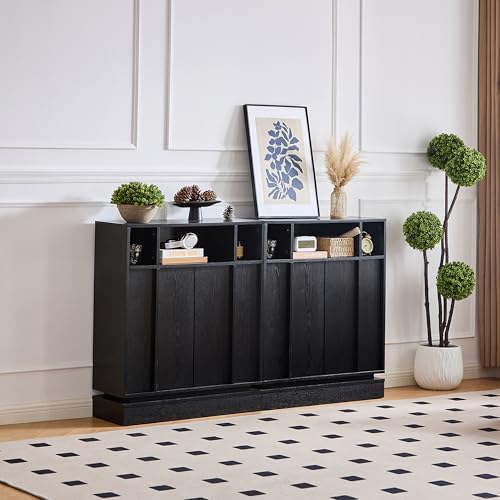 31.7’’ Mid Century Modern Accent Sideboard Storage Cabinet | 11.9’’D Slim Credenza, 2 Doors, 3 Open Cubbies, Adjustable Shelf, for Narrow Entryway, Hallway, Living Room & Dining - color: Black, size: 2 PCS