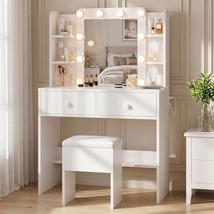 FUXA Makeup Vanity Desk with LED Mirror and Chair Set, White | 3 Lighting Modes, Built-in Charging Station, Storage Drawers and Shelves for Bedroom