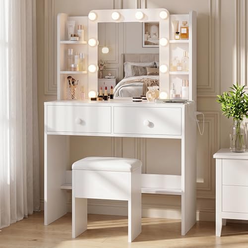 FUXA Makeup Vanity Desk with LED Mirror and Chair Set, White | 3 Lighting Modes, Built-in Charging Station, Storage Drawers and Shelves for Bedroom
