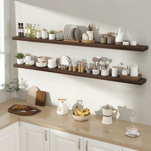 Acovy 72 Inch Floating Shelves for Wall 2 Pack, 72" Wall Shelves for Books, Storage, Decor, Wall Mounted Floating Shelf with Invisible Brackets for Kitchen, Living Room, Walnut - color: Walnut, size: 6.5"Wx72"L-2pcs
