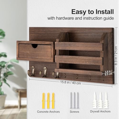 Lwenki Wall Mount Key Holder with Mail Organizer, 100% Paulownia Wood, 7 Metal Hooks, Storage Drawer, Entryway Home Decor (Brown) - color: Brown
