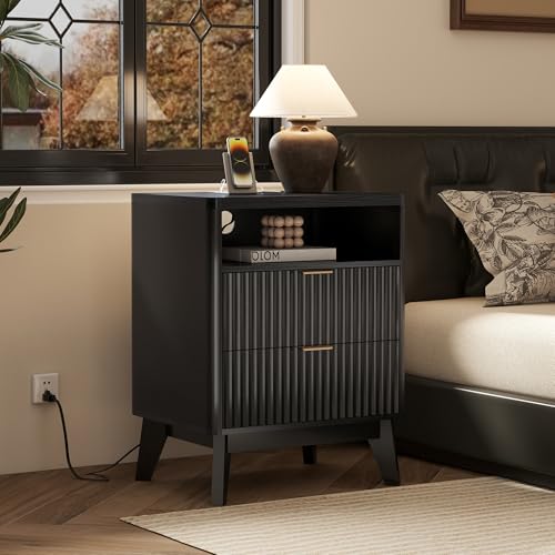 LYNCOHOME Fluted Nightstand with Charging Station, 19.7 inch Wide End Table with 2 Drawers, Modern Wood Bedside Table for Bedroom, Black,1 Pcs - color: Black, size: 15"D x 19.7"W x 25.5"H（2 Drawers）