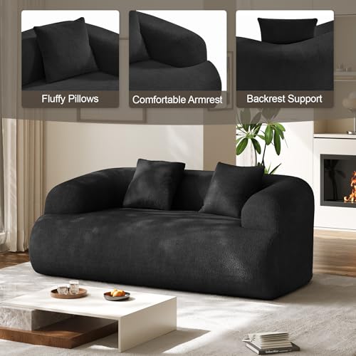75" Boneless Cloud Loveseat, Modern Cute Curved Chenille Sofa, 2 Seater Compression Couch with 2 Pillows, No Assembly Required for Apartment Living Room, Black - color: Black, size: 75''