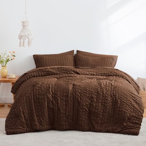 Love's cabin Seersucker Brown Twin Comforter Set, 5-Piece All Season Lightweight Bed in a Bag Bedding Set with Comforter, Flat Sheet, Fitted Sheet, Pillowcase and Sham - color: Brown, size: Twin (68"X88")