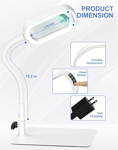 IVMAIE 12X Magnifying Glass with Light and Stand Magnifier with Light Hands Free Lighted Magnifying Desk Lamp Dimmable for Close Work Craft Read Cross Stitch Sewing Repair Hobby Rectangular White - color: White