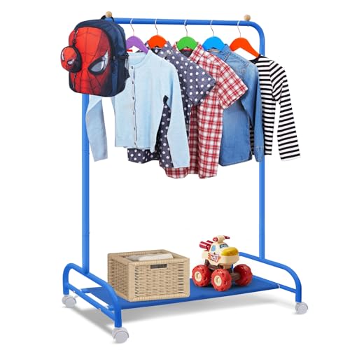 Kids Clothing Rack, Baby Clothes Rack for Hanging Clothes with Wheels and Bottom Storage Shelf, Small Toddler Garment Rack Kids Dress Up Storage Rack for Coats, Skirts, Dance Costume(Blue) - color: Blue