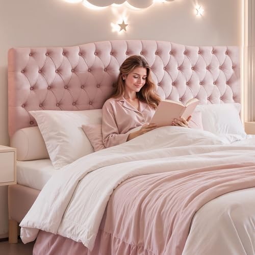 Iroomy Upholstered High Queen Headboard, Button Diamond Tufted Headboard with Adjustable Height and Solid Wood Leg, Linen Fabric Padded Headboards for Queen Size Bed, Mordern Head Board, Pink - color: Pink, size: High Queen
