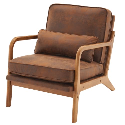 Karl home Mid-Century Modern Accent Reading Chair, Brown | Bronzing Upholstered, Solid Wood Frame, Soft Cushion, Lumbar Pillow, Lounge Armchair for Living Room, Bedroom, Balcony, Study - color: Bronzing Brown