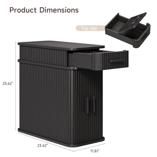 Side End Table with Charging Station, Slim Nightstand with Drawer, Mid-Century Wood Skinny Bedside Table with Storage, Narrow Side Tables for Small Space Living Room Bedroom Office Sofa Couch Black - color: Black