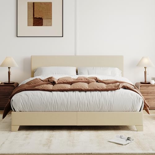 Allewie Full Size Upholstered Bed Frame Adjustable Headboard, Beige | Platform Bed with Heavy Duty Mattress Foundation, Noise-Free, Easy Assembly, Wood Slat Support, No Box Spring Needed - color: Beige, size: Full