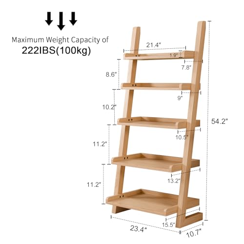 AQIMUELE Wooden Ladder Shelf with Edges, 5-Tier Modern Leaning Bookshelf Ladder – Stylish Space-Saving Bookcase for Living Room, Bedroom & Home Office - color: Natural