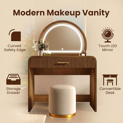 Makeup Vanity Desk with LED Touch Screen Lighted Mirror, Wooden Vanity Table with Drawer, Curved Edge Dressing Table with Removable Mirror for Bedroom (Espresso) - color: Espresso