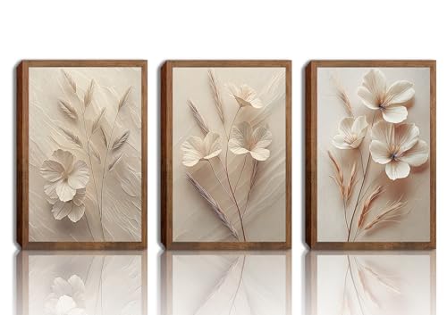 MQjopna Neutral Beige Floral Canvas Wall Art Set of 3, Modern Minimalist Texture Botanical Wall Decor, Vintage Flower Poster Prints for Living Room Bedroom Farmhouse Ready Home Decor 24x16in Framed - color: Yellow flowers, size: 24"L x 16"W