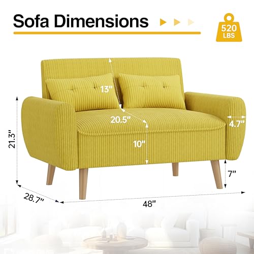 47'' Small Loveseat Sofa, 2 Seat Compact Couch with Tapered Legs, Yellow Upholstered Furniture, Solid Wood Frame, Comfy Foam Cushion, Easy Assembly for Small Spaces - color: Yellow